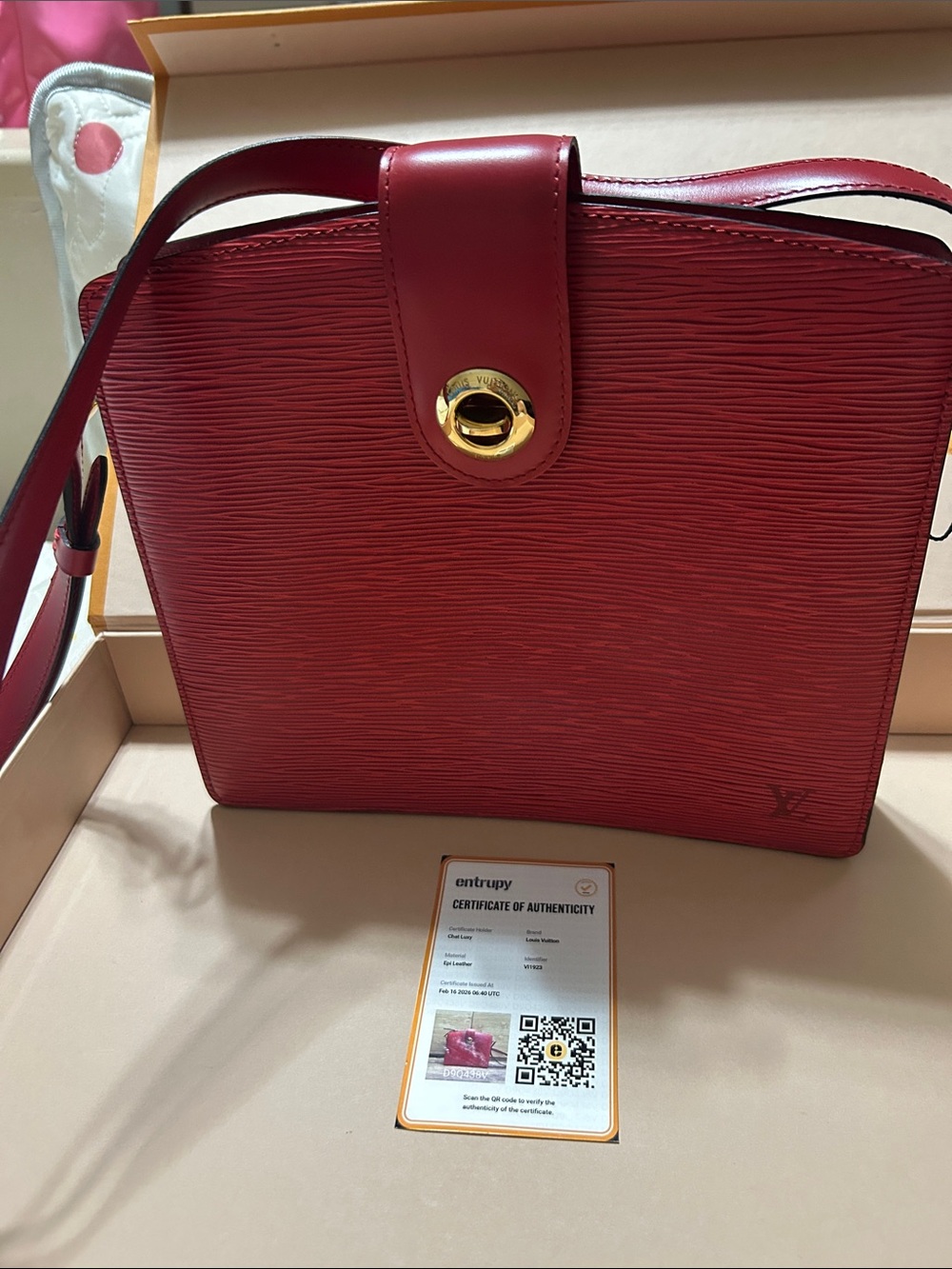 Louis Vuitton Red Epi Shoulder Bag with Gold-Tone Closure